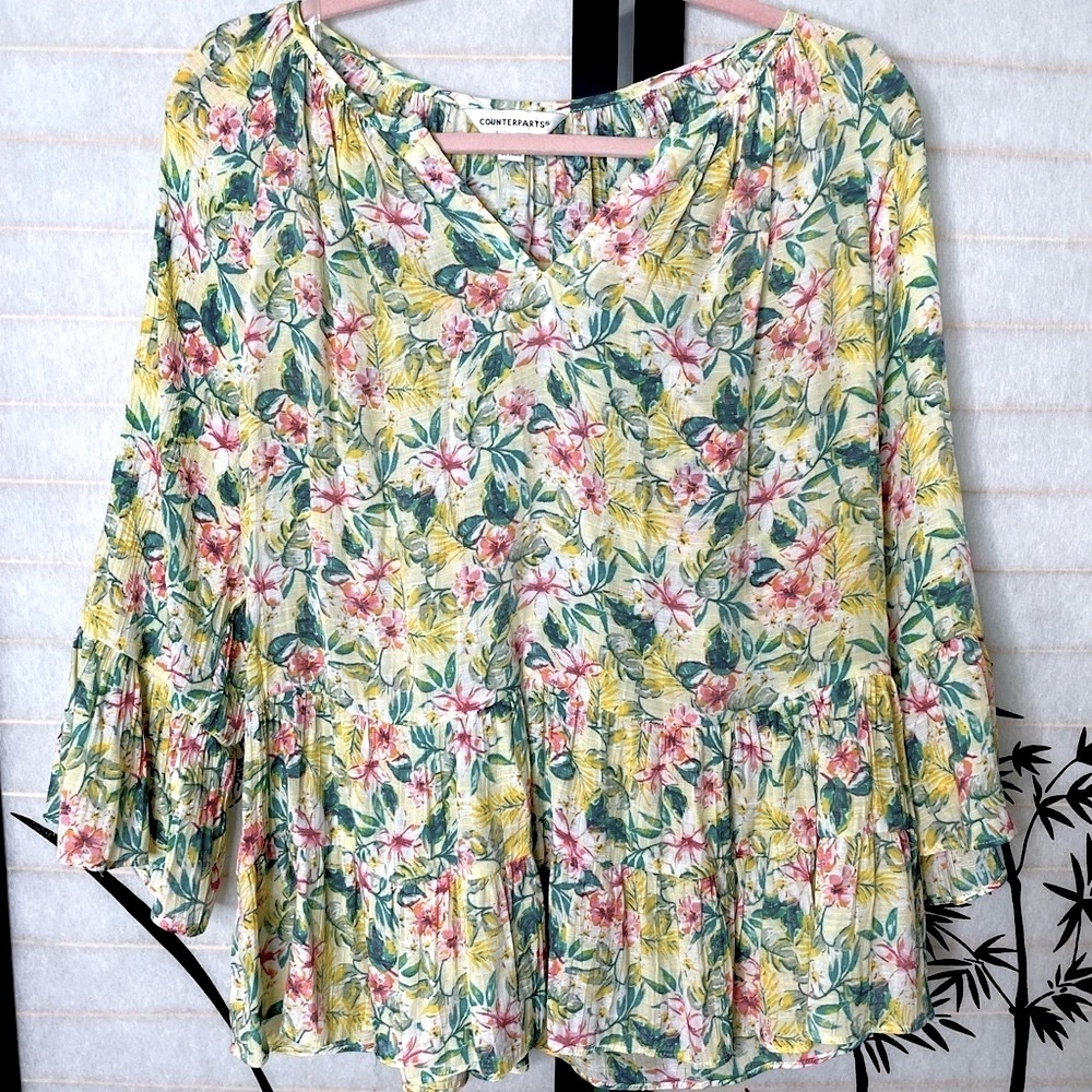 Counterparts Women Top Blouse Sz M Bell 3/4 Sleeve Drop Waist V-Neck Floral Boho